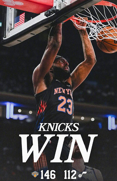 尼克斯146-112大胜爵士,布伦森33分,小麦7记三分